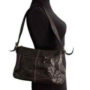 Tignanello Shoulder Hobo Bag Black Leather Chain Print Lining Adjustable Strap